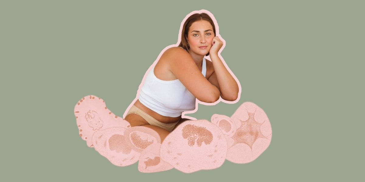Woman wearing Vee underwear, bacteria graphics